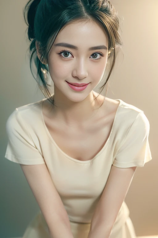((((8k))),((Extremely meticulous CG)) ,(wallpaper),16k,((Extremely refined and beautiful)),(((Masterpiece))),(((best qualtiy))),(((Ultra High Resolution))),beautiful light up,Perfect lightning,realistic shaded,[A high resolution],(Smooth and flawless fair skin:1.5),Extremely exquisite facial details,(perfect body:1.1),ultra - detailed,A beautiful girl,solo,small head,(very short black pony tail:1.1),small face,(female orgasmic:1.2),(blush:1.3),Exquisite makeup,happy,(smile:1.2),(Small breasts:1.1),Flat chests,slim,thin,happy,(Light beige short sleeved T-shirt:1.3),(slender legs:1.2),(night scene:1.5),In the restroom,bright light,(detailed background:1.5),(blue green background:1.2),pov_doorway,(upper body:1.2),