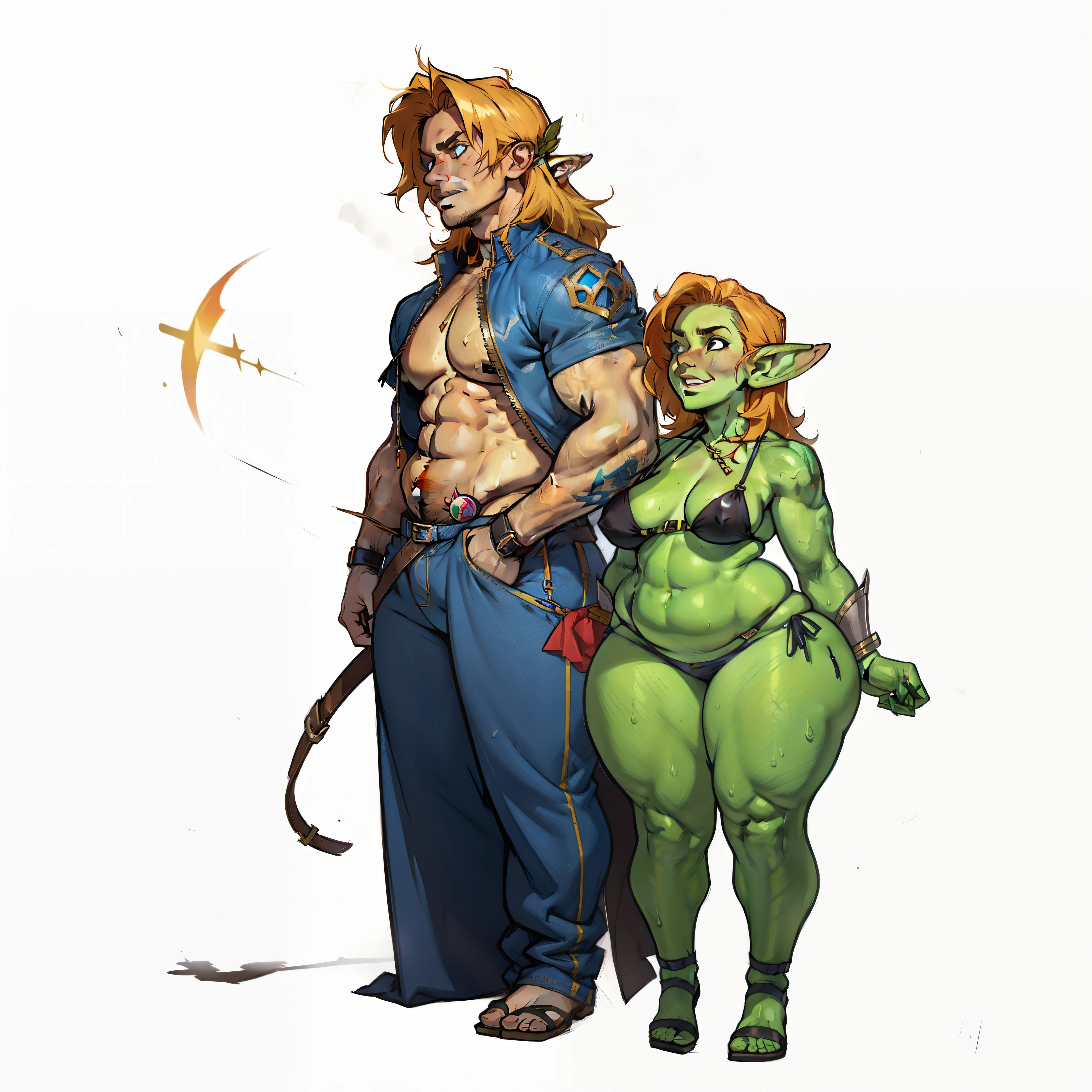 THICK FIGER FAT FIGER FAT CHUBBY BODY,GREEN GOBLIN WOMAN IN BIKINI imagem 8k, HD, fullHD, BLACK BIKINI AND JEANS BLUE HOT PANTS super happy expression, WIDE SMAILE, medium blonde hair. AND A MALE ELVEN MAGIC BLADE WITH LONG GINGER HAIR MAN