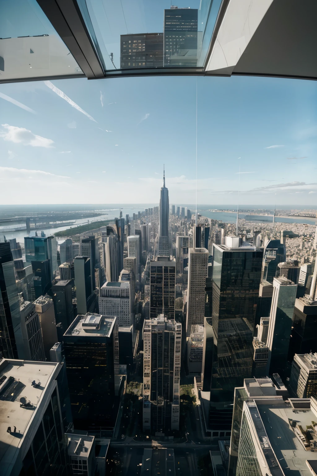 a modern, tall and sleek building with a panoramic view from the top.Top view angle, Top view, Large area of glass, Large area of windows (best quality, highres, ultra-detailed), steel and glass architecture, clean lines, shiny exterior, floor-to-ceiling windows, breathtaking cityscape, minimalistic design, abstract shapes, abstract art, vibrant colors, natural light, night