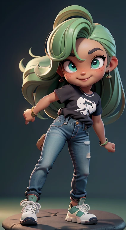 obra de arte, Melhor qualidade, rosto detalhado, olhos detalhados, sharp focus, 3D rendering. corpo todo, uma linda garota chibi, Sorriso fofo, ((tom de pele bronzeado)), cabelo verde curto, cabelo ondulado , moleca, forma corporal esbelta, roupa preta, top preto, Camisa de manga longa, (((jeans de fundo largo))), Large Sneakers, energetic poses, (foco facial:1.3).