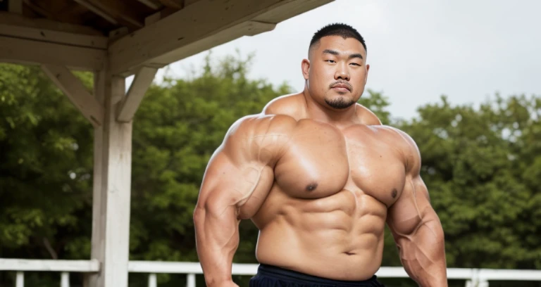 (at rugby ground:1.4), Japanese man, Chinese man, Korean man, Taiwanese man, manly face, fat face, (round face:1.4), (monolid eyes:1.2), (buzz cut:1.4), very large and strong body, bulky body, beefy muscles, (bulging muscles:1.4), (very large pectoral muscles:1.4), (muscular arms:1.4), muscular abs, muscular legs, muscular back, brightens oily skin, master piece, (realistic:1.4), panorama, distant view