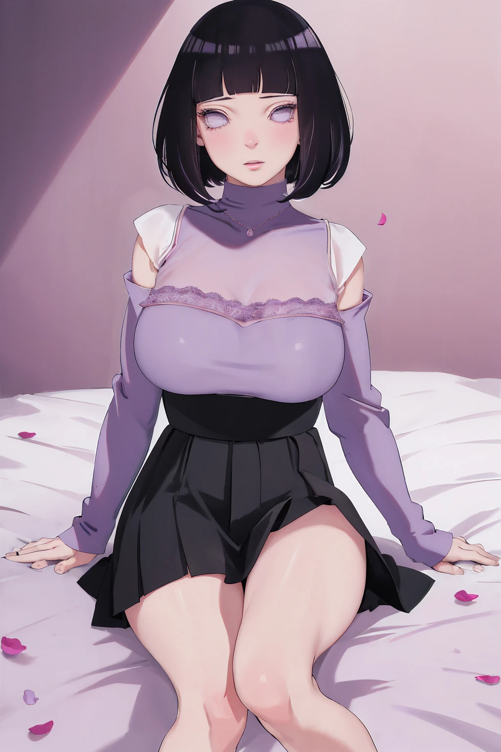 { - anatomy error} (Masterpiece - Ultra-detailed, very high resolution) (huge titusty, masterpiece, absurdres, hinata\(boruto\), 1girl, solo,mature female, off-shoulder bra, high waist black short skirt, looking at viewelling petals), perfect composition, detailed lips, big breast, beautiful face, body propotion, blush, (pink lips), short hair, (black hair), purple eyes, soft gaze, super realistic, detailed, photoshoot, realistic face and body, closed mouth, sitting on the bed , lilac eyes, full body, lace clothes, with chin resting on shoulder, perfect fingers