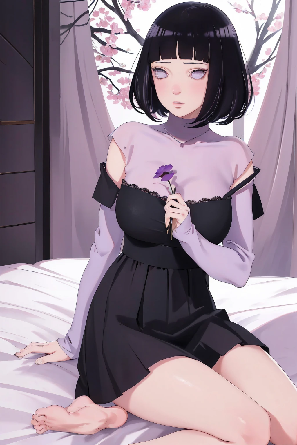 { - anatomy error} (Masterpiece - Ultra-detailed, very high resolution) (huge titusty, masterpiece, absurdres, hinata\(boruto\), 1girl, solo,mature female, off-shoulder bra, high waist black short skirt, looking at viewelling petals), perfect composition, detailed lips, big breast, beautiful face, body propotion, blush, (pink lips), short hair, (black hair), purple eyes, soft gaze, super realistic, detailed, photoshoot, realistic face and body, closed mouth, sitting on the bed , lilac eyes, full body, lace clothes, with chin resting on shoulder, perfect fingers