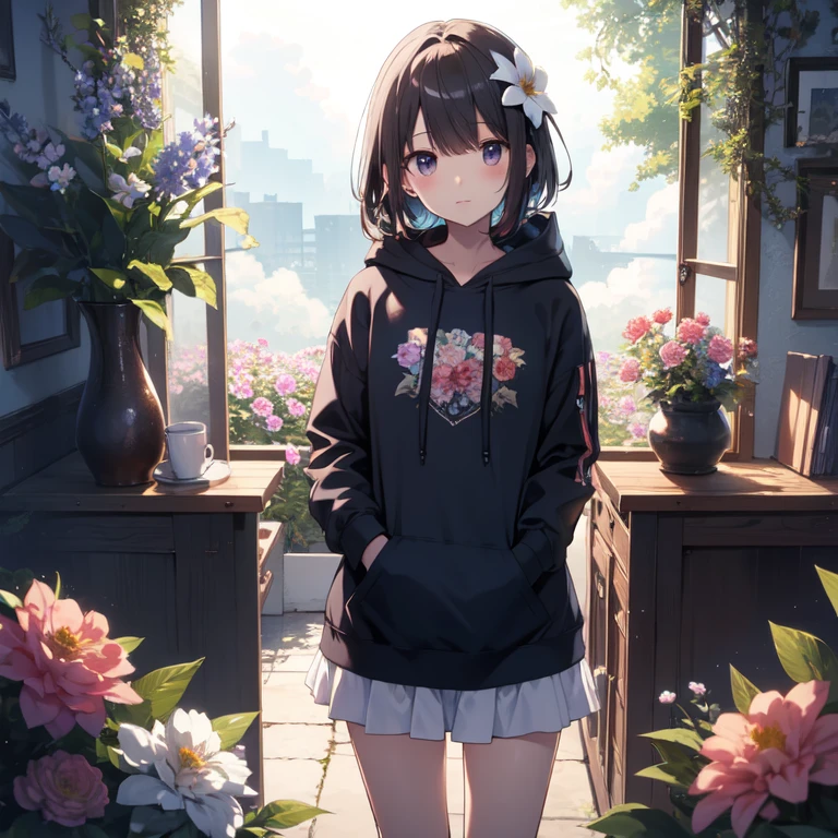 highest quality、masterpiece、8K、null、frills、hoodie、cloud、flower garden、evening