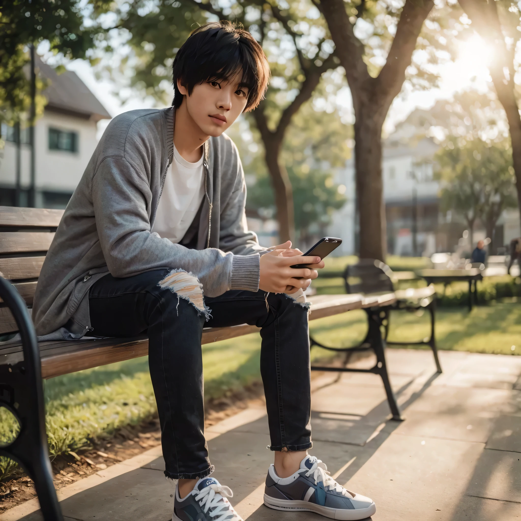 wide shot, front shot, full body, a asian man 23 years old, wearing casual cloths, fringe hair ,long black jeans, white sneakers ,sitting on the bench,a hand hold a iphone, in the town park ,serene atmosphere ,sunlight filtered by trees, nature face color tones , looking at distance ,taken from 20m distance ,10x zoom out ,,shot on nikon z9, shot on canon eos r5, shot on canon eos r5, captured on canon eos r6, color portrait, portrait shot, portrait shot 8k, soft portrait shot 8k
