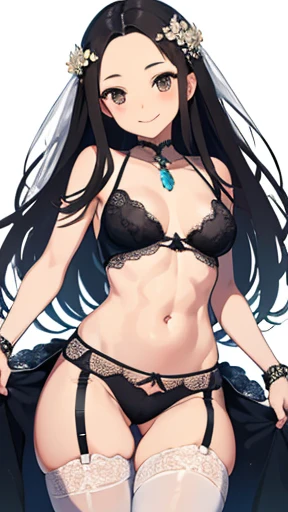 highest quality、realistic、Japanese、cute、smile、、black hair、Light blue lingerie、brown eyes、smile、exposed forehead、bust shot、thin、thin、abs、flat chest、Wedding dress、garter belt、I can see your belly button