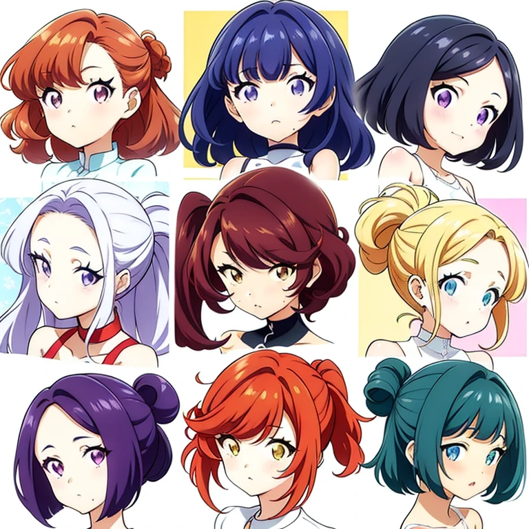 9 girls, white background,  different characters, multiple views, (Close up heads, portrait, mugshot), bra, bare shoulders, bikini, different hair colors, different hair styles, 
twin-tail hair style, 
pony-tail hair, wavy 
long hair, 
braid, 
parted bangs, 
high ponytail, 
low ponytail, 
big hair, cornrows, 
hair bun, 
hair rings, 
half updo hairstyle, 
diagonal bangs, 
two side up hair, 
flipped hair, 
blunt bangs, 

warm-toned hair colors, 
cool-toned hair colors, 
brown hair color, 
red hair color, 
yellow hair color, 
white hair color, 
purple hair color, 
blue hair color,