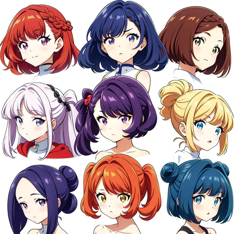 9 girls, white background,  different characters, multiple views, (Close up heads, portrait, mugshot), bra, bare shoulders, bikini, different hair colors, different hair styles, 
twin-tail hair style, 
pony-tail hair, wavy 
long hair, 
braid, 
parted bangs, 
high ponytail, 
low ponytail, 
big hair, cornrows, 
hair bun, 
hair rings, 
half updo hairstyle, 
diagonal bangs, 
two side up hair, 
flipped hair, 
blunt bangs, 

warm-toned hair colors, 
cool-toned hair colors, 
brown hair color, 
red hair color, 
yellow hair color, 
white hair color, 
purple hair color, 
blue hair color,