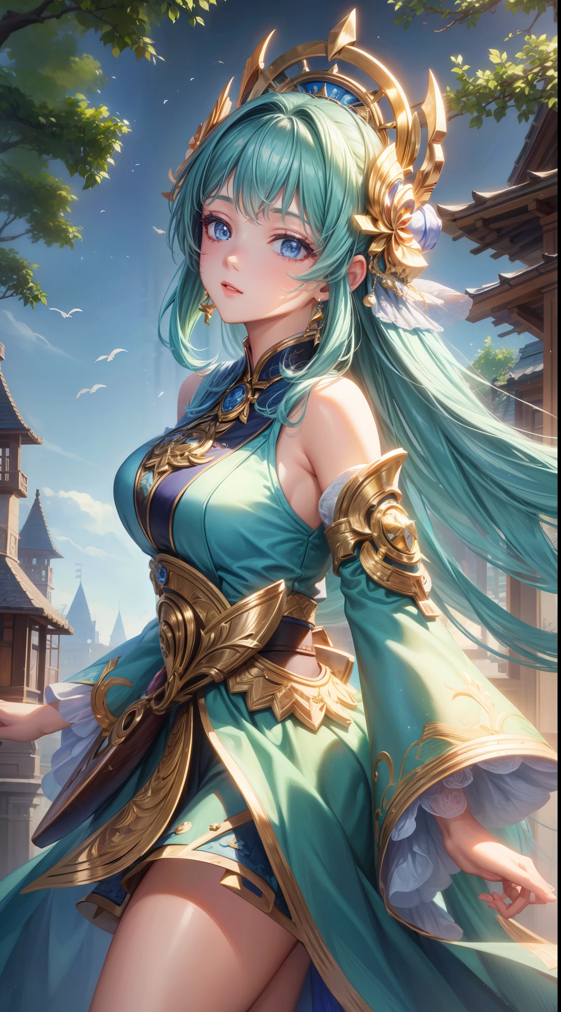 4K,High resolution,One Woman,Green Hair,Long Ponytail,Blue eyes,Big Breasts,PRİNCESS,緑色のPRİNCESSのドレス,Long dress,PRİNCESSのティアラ,Costume decorated with jewels,Medieval castle