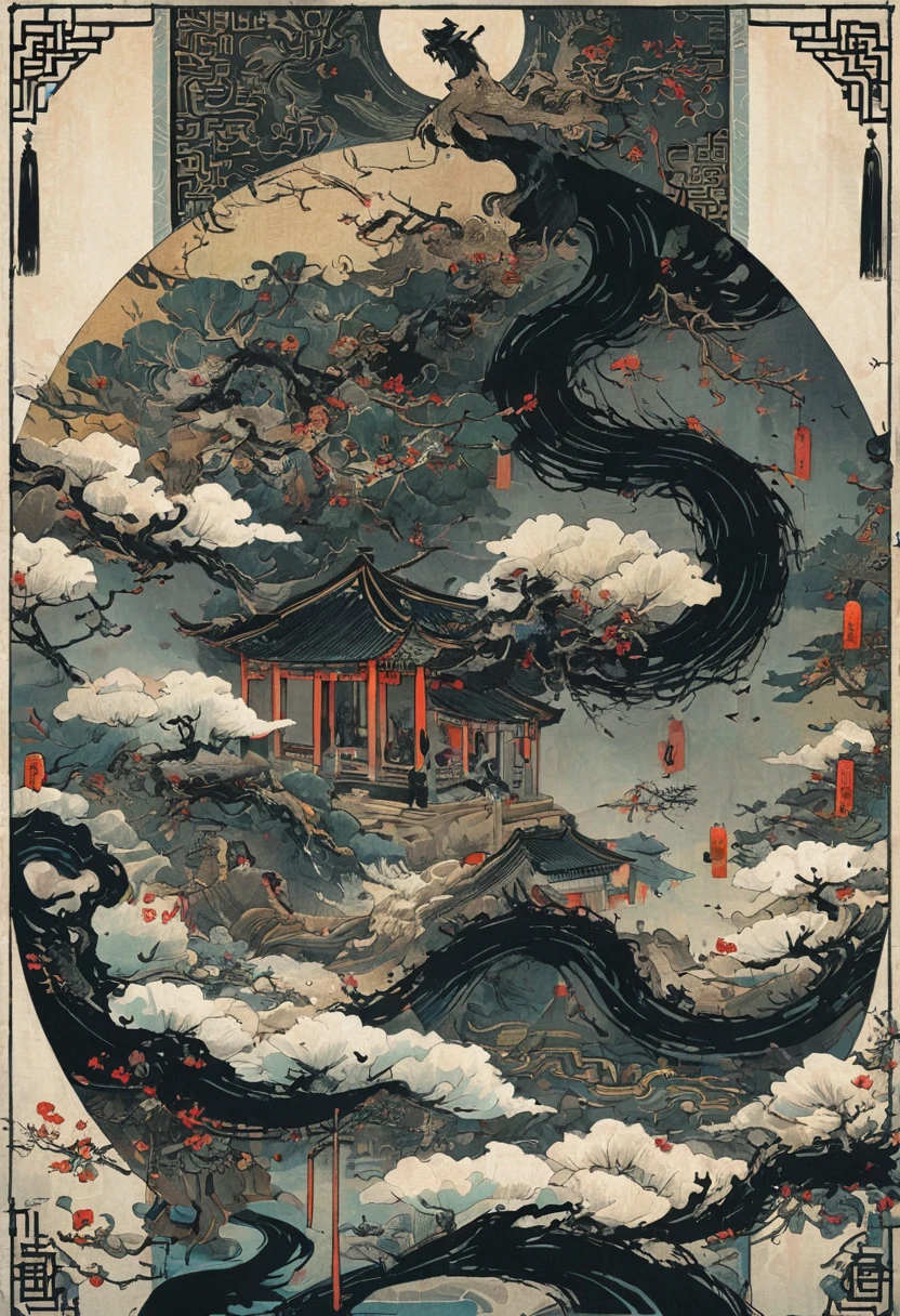 Tarot card border, by Tang Yau Hoong, chinese style, ink style, best quality, masterpiece, very aesthetic, perfect composition, intricate details, ultra-detailed, Animagine