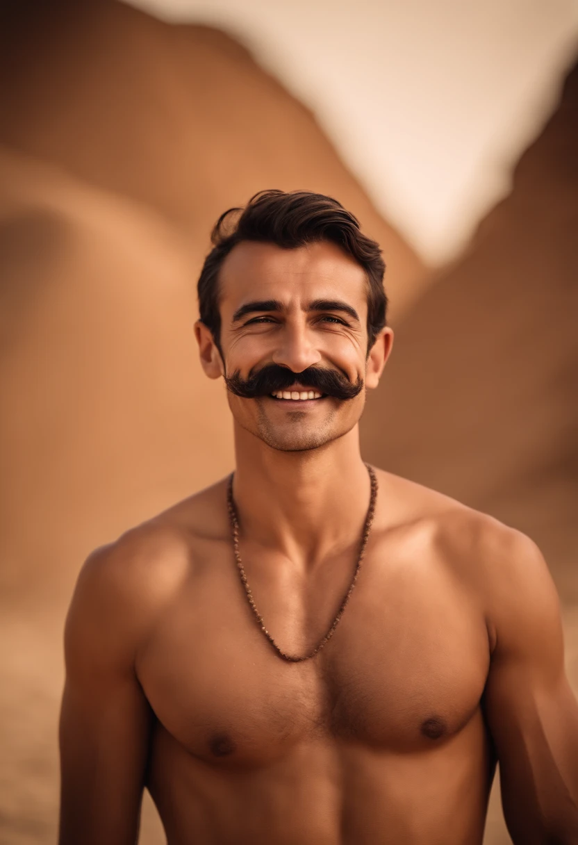 Handsome moustache without beard Turkish guy tall thin shirtless desert bikini showing armpit smile hands on waist