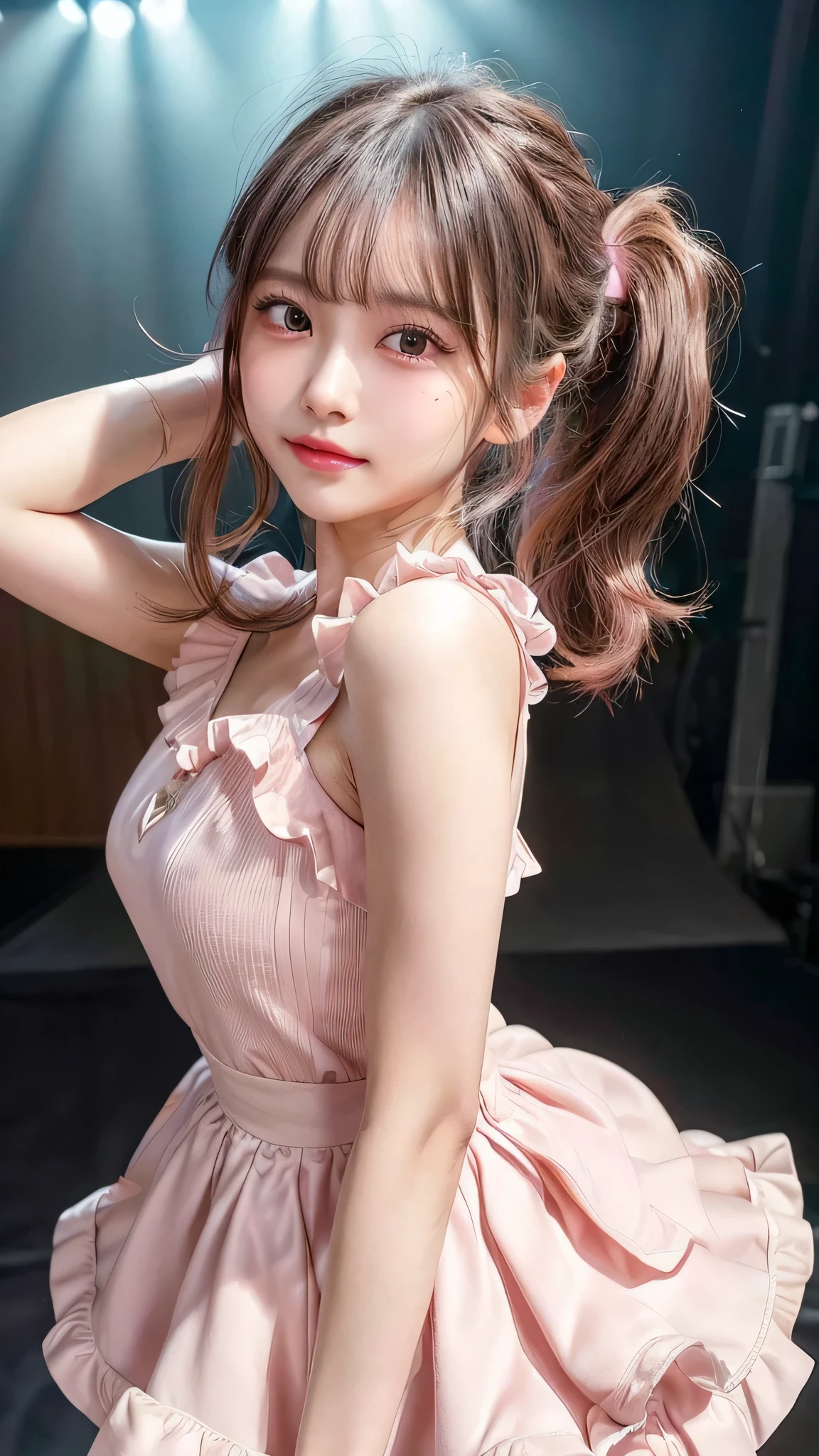 close up of face,blush,small breasts,14 years old,long hair ponytail,on stage,in the spotlight,((8K, Raw photo, best quality, muste piece:1.2), (Reality, photorealistic:1.4), (Highly detailed 8K wallpaper), Depth of the bounds written, cinematic lighting, soft light, detailed beauty eye,Shiny and smooth light brown ponytail, asymmetrical bangs, shiny skin, super detailed skin ,high resolution, high detail, detailed hairstyle, detailed beauty face, hyper real, perfect limbs, perfect anatomy ,1 Japanese girl,famous japanese idol, perfect female body,shy smile,short eyelashes,double-edged eyelids,look straight here,Hair style is ponytail、Pink colored long dress with lots of ruffles, softly shaped skirt, standing on stage,pink ribbon on head,She is wearing a skirt with lots of frills,pose is random