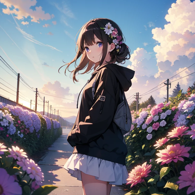 highest quality、masterpiece、8K、null、frills、hoodie、cloud、flower garden、evening