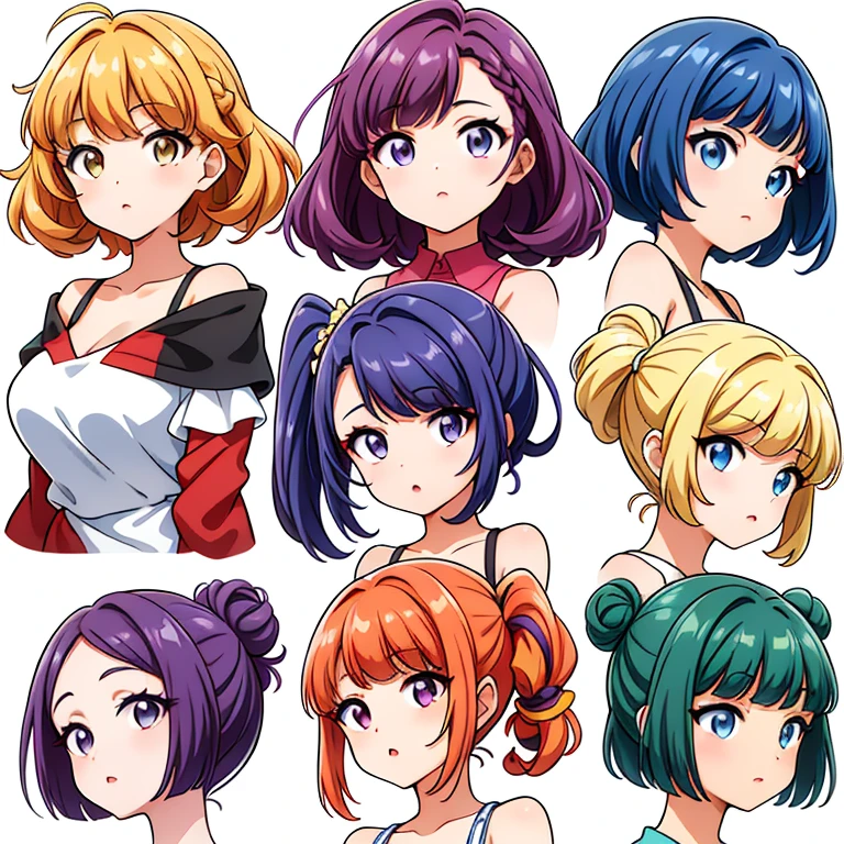 9 girls, white background,  different characters, multiple views, (Close up heads, portrait, mugshot), bra, bare shoulders, bikini, different hair colors, different hair styles, 
twin-tail hair style, 
pony-tail hair, wavy 
long hair, 
braid, 
parted bangs, 
high ponytail, 
low ponytail, 
big hair, cornrows, 
hair bun, 
hair rings, 
half updo hairstyle, 
diagonal bangs, 
two side up hair, 
flipped hair, 
blunt bangs, 

warm-toned hair colors, 
cool-toned hair colors, 
brown hair color, 
red hair color, 
yellow hair color, 
white hair color, 
purple hair color, 
blue hair color,