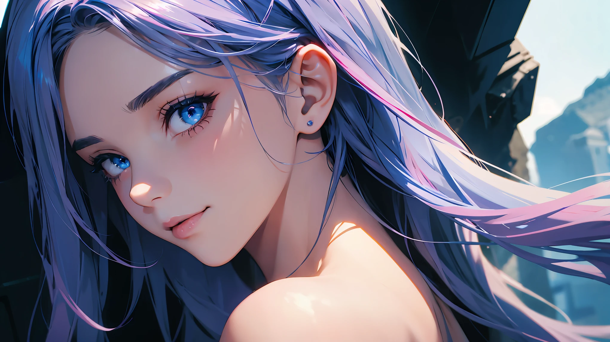 highly detailed, SFW, 1 girl, blue pink_hair, nude, Smile, (perfect_Face), boundary, close up, mad, exist_Back, Gorgeous, complex, dramatic lighting, detailed_Background, full_Body, Best hair quality, Extra super detailed eyes, Extra high facial detail, side_body, eye reflection, focus on eyes, detailed top eyelashes, high textured skin, lowexposure, film grain, atmospheric perspective, caustics, 8K, masterpiece