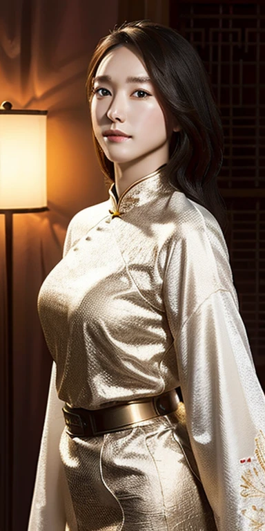 realistic, High resolution, soft light,1 female, alone, hip up, glowing skin, (detailed face), chinese armor,