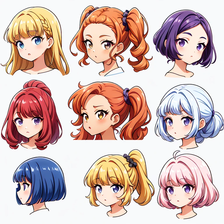 9 girls, white background,  different characters, multiple views, (Close up heads, portrait, mugshot), bra, bare shoulders, bikini, different hair colors, different hair styles, 
twin-tail hair style, 
pony-tail hair, wavy 
long hair, 
braid, 
parted bangs, 
high ponytail, 
low ponytail, 
big hair, cornrows, 
hair bun, 
hair rings, 
half updo hairstyle, 
diagonal bangs, 
two side up hair, 
flipped hair, 
blunt bangs, 

warm-toned hair colors, 
cool-toned hair colors, 
brown hair color, 
red hair color, 
yellow hair color, 
white hair color, 
purple hair color, 
blue hair color,