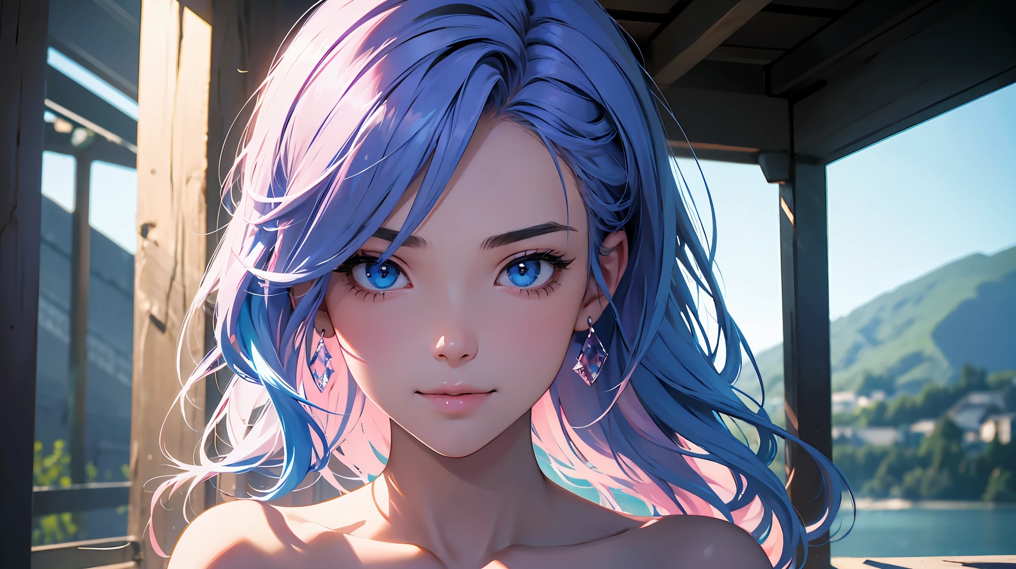 highly detailed, SFW, portrait, 1 girl, blue pink_hair, nude, Smile, (perfect_Face), boundary, close up, mad, exist_Back, Gorgeous, complex, dramatic lighting, detailed_Background, full_Body, Best hair quality, Extra super detailed eyes, Extra high facial detail, side_body, eye reflection, focus on eyes, detailed top eyelashes, high textured skin, lowexposure, film grain, atmospheric perspective, caustics, 8K, masterpiece