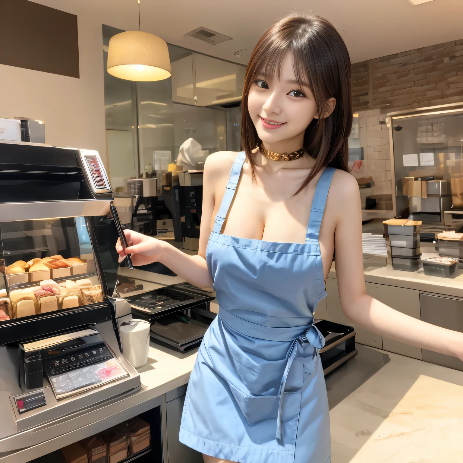 Award-winning photo, inside the mansion, very detailed, (perfect face, very detailed faces, perfect eyes), different hair colors, different body types, ((cute face)), looking at the viewer, innocent smile, playful, Hilarious, show , show breasts, smile,choker. blue eyes, bangs, naked apron, coffee shop,asian woman in arafed, korean girl, gorgeous young korean woman, beautiful south korean woman, seductive anime girl, beautiful asian girl, beautiful young korean woman, japanese goddess, korean woman, attractive anime girl, gorgeous chinese model, Beautiful charming anime teen, Real young gravure idol, beautiful attractive anime woman, A cute and charming smile、slim body shape, perfect makeup, long eyelashes, eye shadow, apron, naked apron, high class coffee shop, Same apron、Photographed from the front、Have gold coins、cash register、cashier