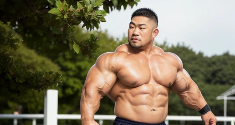 (at rugby ground:1.4), Japanese man, Chinese man, Korean man, Taiwanese man, manly face, fat face, (round face:1.4), (monolid eyes:1.2), (buzz cut:1.4), very large and strong body, bulky body, beefy muscles, (bulging muscles:1.4), (very large pectoral muscles:1.4), (muscular arms:1.4), muscular abs, muscular legs, muscular back, brightens oily skin, master piece, (realistic:1.4), panorama, distant view