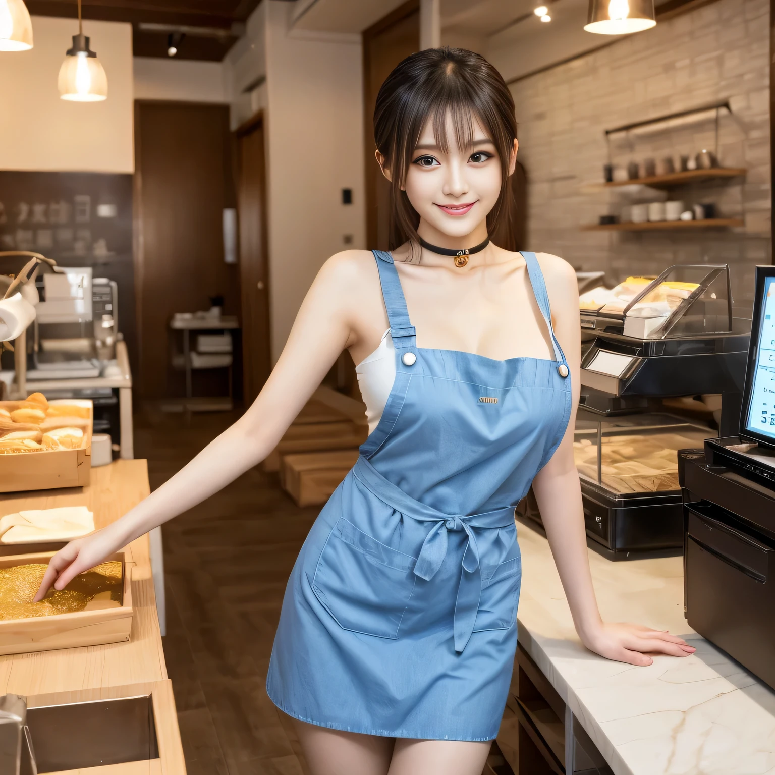 Award-winning photo, inside the mansion, very detailed, (perfect face, very detailed faces, perfect eyes), different hair colors, different body types, ((cute face)), looking at the viewer, innocent smile, playful, Hilarious, show , show breasts, smile,choker. blue eyes, bangs, naked apron, coffee shop,asian woman in arafed, korean girl, gorgeous young korean woman, beautiful south korean woman, seductive anime girl, beautiful asian girl, beautiful young korean woman, japanese goddess, korean woman, attractive anime girl, gorgeous chinese model, Beautiful charming anime , Real young gravure idol, beautiful attractive anime woman, A cute and charming smile、slim body shape, perfect makeup, long eyelashes, eye shadow, apron, naked apron, high class coffee shop, Same apron、Photographed from the front、Have gold coins、cash register、cashier