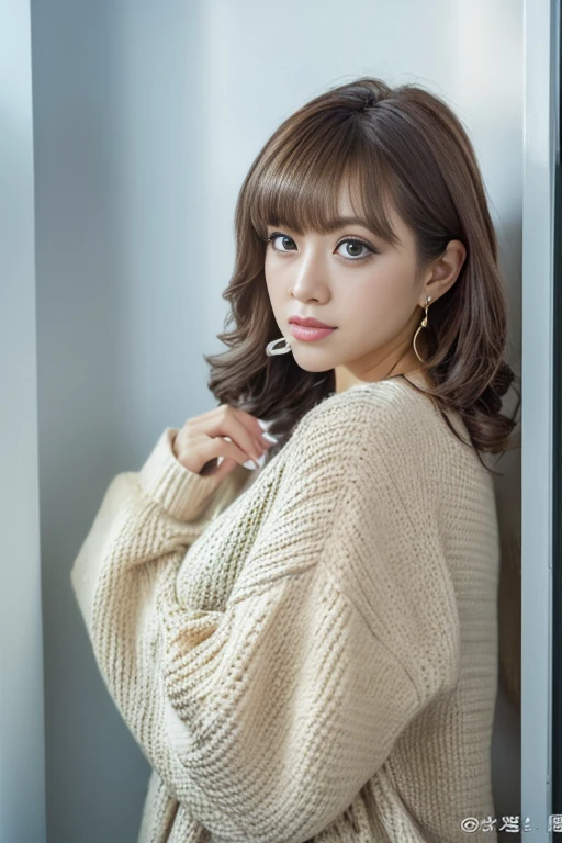 ((masterpiece:1.4, highest quality)), ((masterpiece, highest quality)), (photo-realistic:1.4), professional lighting, highly detailed eyes and face, Beautiful eyes in every detail, (beautiful japanese girl:1.05), face focus, From the back、medium hair、long bob、1 girl、Don't look at the camera、profile、((Winter clothes))、necklace、(pastel clothing)、((brown hair))、Eye color is dark brown、correct hand of human body、earrings、white wall、Taken in front of the white door、(white wall room with window)