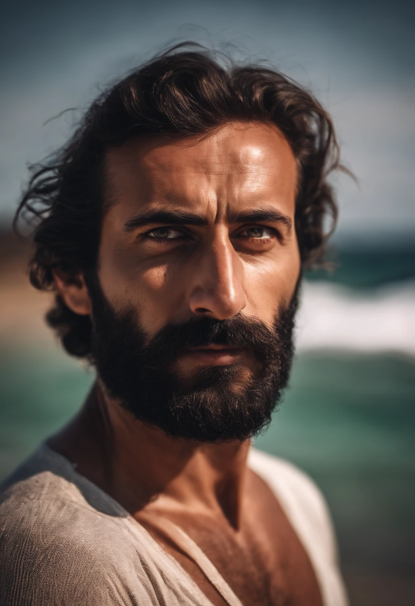 Gorgeous green eyes Turkish beard man thin red underwear beach