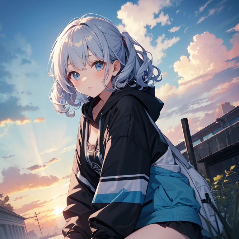 highest quality、masterpiece、8K、null、frills、hoodie、cloud、Light blue curly hair、evening