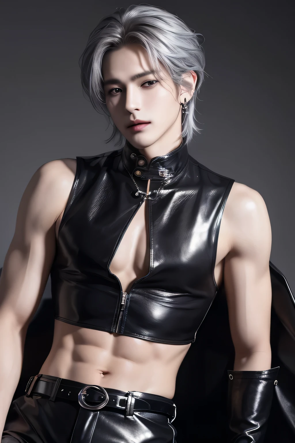 ((highest quality, 8K, masterpiece: 1.3)), Handsome boy from a visual kei band:1.5, 20-year-old、Delinquent boy、 well-groomed face, silver hair color、thin face、（white skin:1.5）、silver eyes、boy with makeup、Super handsome、Extra-fine face, handsome nose, small eyes and face, beautiful lighting, High resolution, detailed mouth, smile, whole body: 1.5, perfect body shape、slim，Midial Hair、pointed hair set、Tank top、Chrome hearts、leather pants、leather belt、Silver earrings、leather gloves、