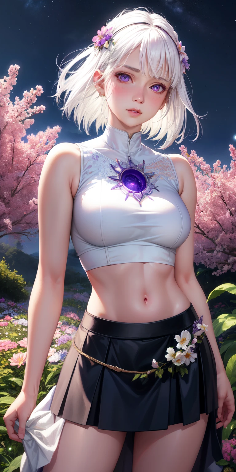 realistic, 1girl, white hair, purple eyes, glowing eyes, crop top, skirt, parted lips, blush, night, flowers, sun, sunlight,