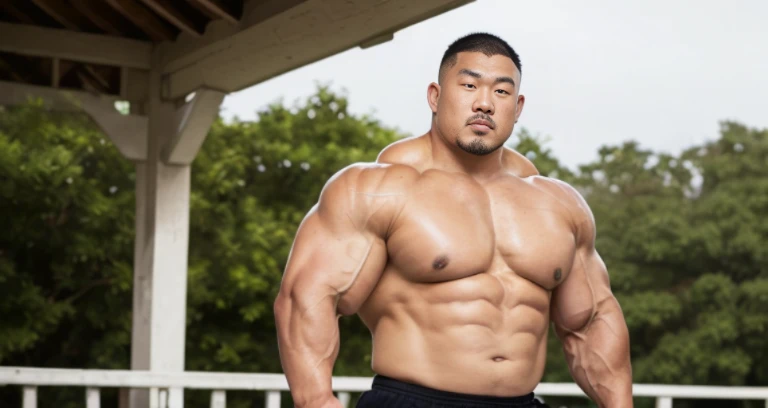 (at rugby ground:1.4), Japanese man, Chinese man, Korean man, Taiwanese man, manly face, fat face, (round face:1.4), (monolid eyes:1.2), (buzz cut:1.4), very large and strong body, bulky body, beefy muscles, (bulging muscles:1.4), (very large pectoral muscles:1.4), (muscular arms:1.4), muscular abs, muscular legs, muscular back, brightens oily skin, master piece, (realistic:1.4), panorama, distant view