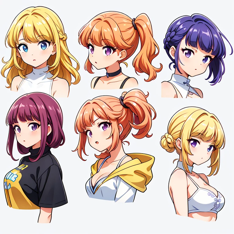 9 girls, white background,  different characters, multiple views, (Close up heads, portrait, mugshot), bra, bare shoulders, bikini, different hair colors, different hair styles, 
twin-tail hair style, 
pony-tail hair, wavy 
long hair, 
braid, 
parted bangs, 
high ponytail, 
low ponytail, 
big hair, cornrows, 
hair bun, 
hair rings, 
half updo hairstyle, 
diagonal bangs, 
two side up hair, 
flipped hair, 
blunt bangs, 

warm-toned hair colors, 
cool-toned hair colors, 
brown hair color, 
red hair color, 
yellow hair color, 
white hair color, 
purple hair color, 
blue hair color,