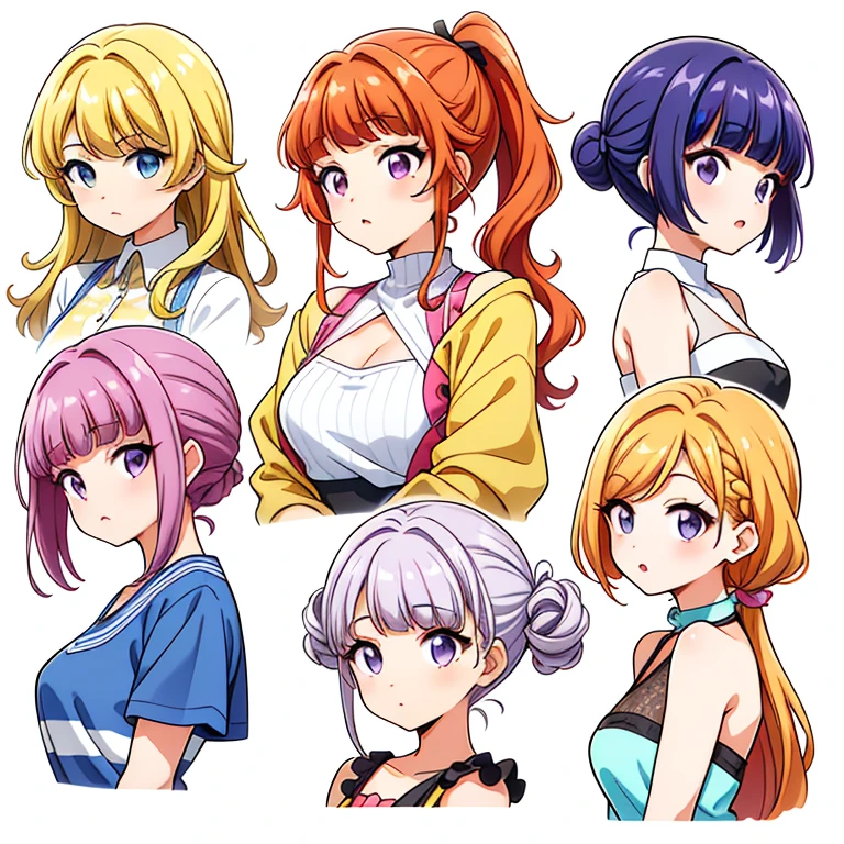 9 girls, white background,  different characters, multiple views, (Close up heads, portrait, mugshot), bra, bare shoulders, bikini, different hair colors, different hair styles, 
twin-tail hair style, 
pony-tail hair, wavy 
long hair, 
braid, 
parted bangs, 
high ponytail, 
low ponytail, 
big hair, cornrows, 
hair bun, 
hair rings, 
half updo hairstyle, 
diagonal bangs, 
two side up hair, 
flipped hair, 
blunt bangs, 

warm-toned hair colors, 
cool-toned hair colors, 
brown hair color, 
red hair color, 
yellow hair color, 
white hair color, 
purple hair color, 
blue hair color,