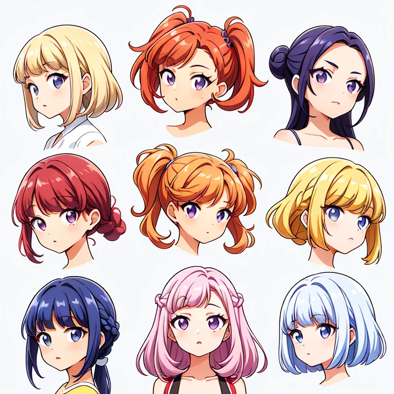 9 girls, white background,  different characters, multiple views, (Close up heads, portrait, mugshot), bra, bare shoulders, bikini, different hair colors, different hair styles, 
twin-tail hair style, 
pony-tail hair, wavy 
long hair, 
braid, 
parted bangs, 
high ponytail, 
low ponytail, 
big hair, cornrows, 
hair bun, 
hair rings, 
half updo hairstyle, 
diagonal bangs, 
two side up hair, 
flipped hair, 
blunt bangs, 

warm-toned hair colors, 
cool-toned hair colors, 
brown hair color, 
red hair color, 
yellow hair color, 
white hair color, 
purple hair color, 
blue hair color,