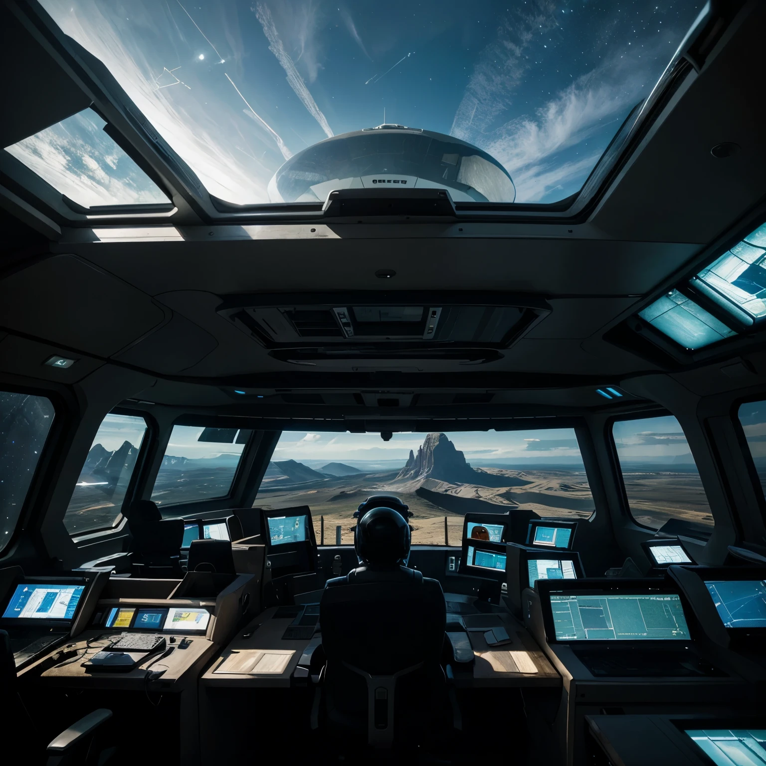 exterior of a spaceship. Through the windows you can see the landscape of an alien planet, the entire space is full of work consoles with electronic devices and screens, full-HD