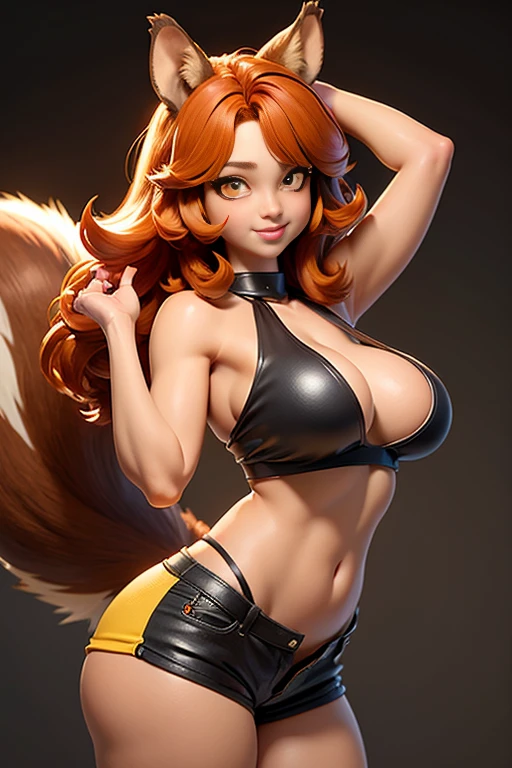 ((masterpiece,best quality)), Brown skin, yellow eyes, short red hair, halter top, shorts, squirrel ears, squirrel tail!, big breasts, big hips, hair between eyes, hair flares out, 1girl, solo, brown-skinned female, red-haired female, front view