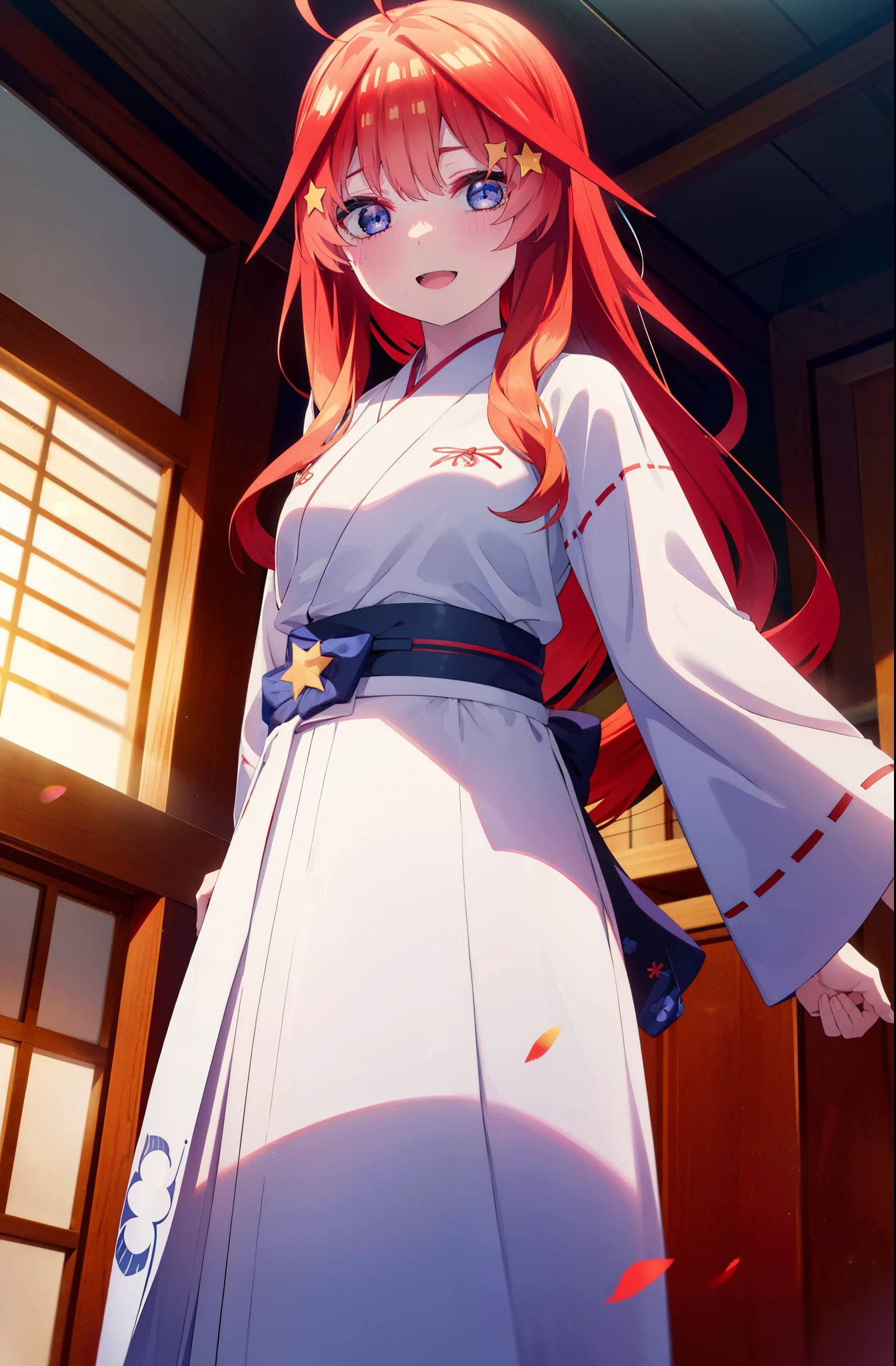 itsukinakano, itsuki nakano, bangs, blue eyes, hair between eyes, Ahoge, redhead, star \(symbol\), hair ornaments, star hair ornaments,happy smile, smile, open your mouth,Platycodon,Miko, white kimono,red hakama, kimono, same as skirt, wide sleeve, long sleeve, ribbon trim sleeves, There is a lot of food on the table, トレイ in one hand,
very long hair, 鈍いbangs, low ponytail,
break indoors, China Hotel,
break looking at viewer, (cowboy shot:1.5),
break (masterpiece:1.2), highest quality, High resolution, unity 8k wallpaper, (figure:0.8), (detailed and beautiful eyes:1.6), highly detailed face, perfect lighting, Very detailed CG, (perfect hands, perfect anatomy),