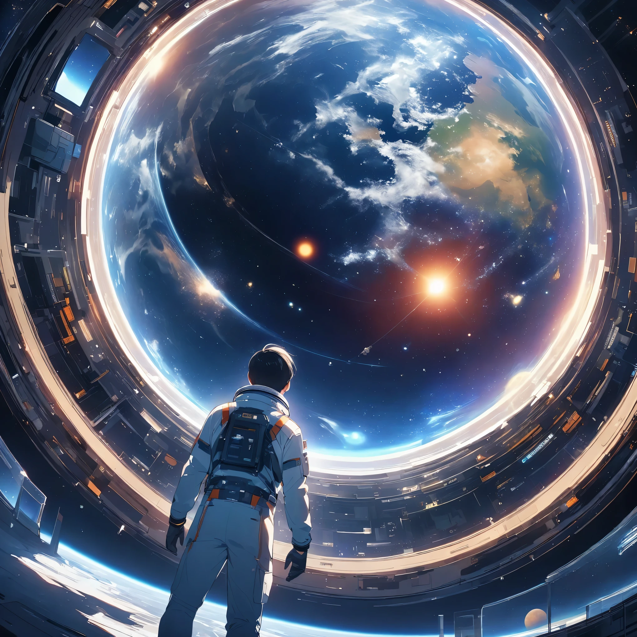 A man standing inside the space station looking out through the window, Outside is the starry sky and a planet that looks exactly like Earth., background space station, Background details