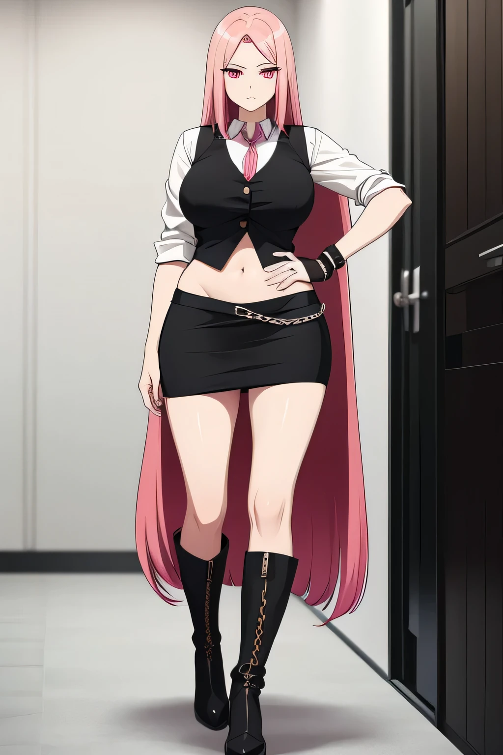 A tall woman with long pink hair, soft red eyes, circular pupils, wears an elegant black vest with a button showing her navel and nothing underneath and her short black skirt with a button and a chain at the waist, she is wearing a lady's black boot.