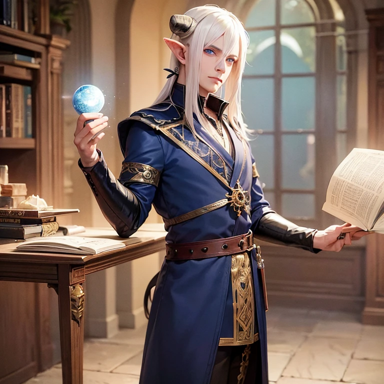 Race tiefling, man , white hair, blue eyes, handsome, bard, dungeons and dragons,  horns, 