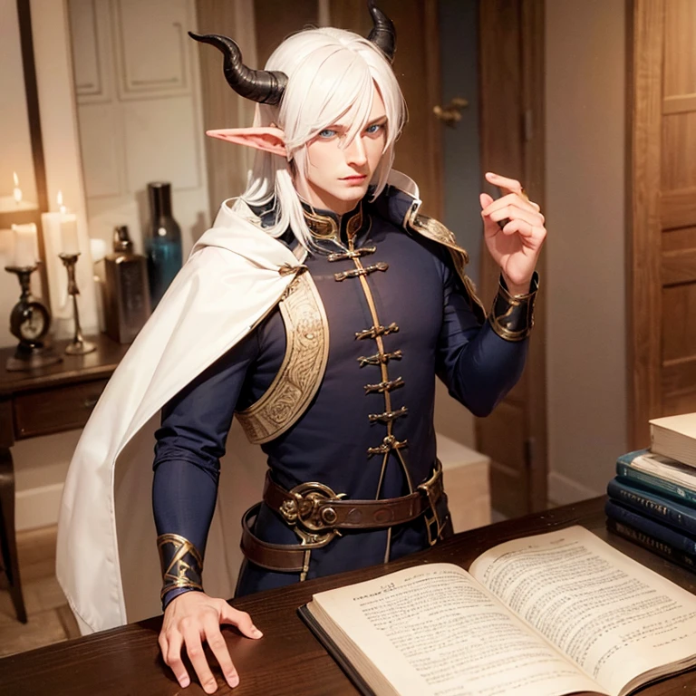 Race tiefling, man , white hair, blue eyes, handsome, bard, dungeons and dragons, horns,