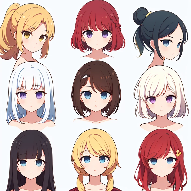 9 girls, white background, different characters, multiple views, (Close up heads, portrait, mugshot), bra, bare shoulders, bikini, different hair colors, different hair styles,
twin-tail hair style,
pony-tail hair, wavy
long hair,
braid,
parted bangs,
high ponytail,
low ponytail,
big hair, cornrows,
hair bun,
hair rings,
half updo hairstyle,
diagonal bangs,
two side up hair,
flipped hair,
blunt bangs,
warm-toned hair colors,
cool-toned hair colors,
brown hair color,
red hair color,
yellow hair color,
white hair color,
purple hair color,
blue hair color,