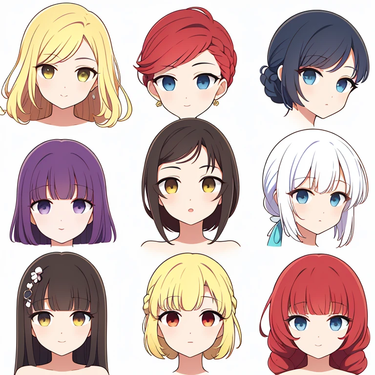 9 girls, white background,  different characters, multiple views, (Close up heads, portrait, mugshot), bra, bare shoulders, bikini, different hair colors, different hair styles, 
twin-tail hair style, 
pony-tail hair, wavy 
long hair, 
braid, 
parted bangs, 
high ponytail, 
low ponytail, 
big hair, cornrows, 
hair bun, 
hair rings, 
half updo hairstyle, 
diagonal bangs, 
two side up hair, 
flipped hair, 
blunt bangs, 

warm-toned hair colors, 
cool-toned hair colors, 
brown hair color, 
red hair color, 
yellow hair color, 
white hair color, 
purple hair color, 
blue hair color,