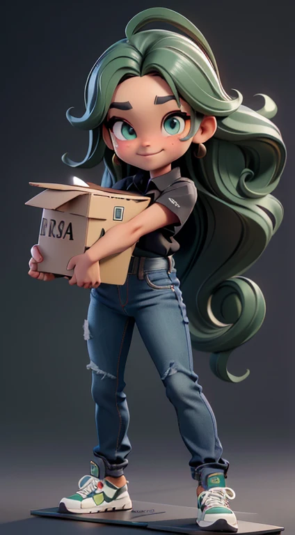 obra de arte, Melhor qualidade, rosto detalhado, olhos detalhados, sharp focus, 3D rendering. corpo todo, uma linda garota chibi, Sorriso fofo, ((tom de pele bronzeado)), cabelo verde curto, ondulado , moleca, forma corporal esbelta, roupa preta, top preto, Camisa de manga longa, (((jeans de fundo largo))), Large Sneakers, (((formal poses holding cardboard box))), (foco facial:1.3).