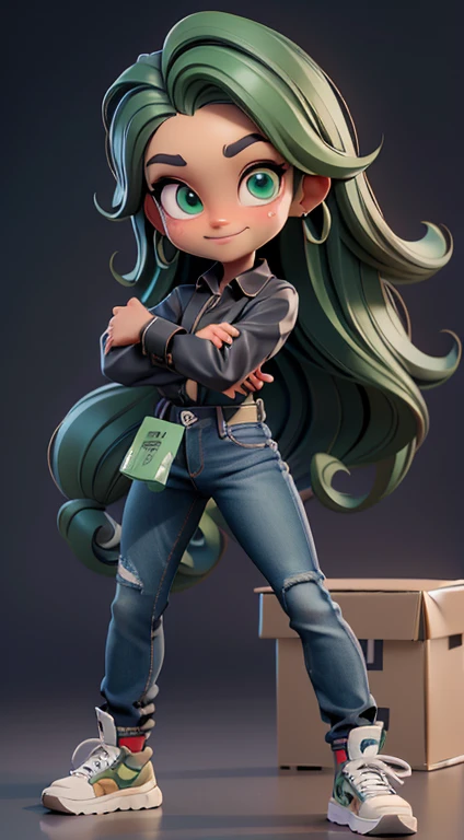 obra de arte, Melhor qualidade, rosto detalhado, olhos detalhados, sharp focus, 3D rendering. corpo todo, uma linda garota chibi, Sorriso fofo, ((tom de pele bronzeado)), cabelo verde curto, ondulado , moleca, forma corporal esbelta, roupa preta, top preto, Camisa de manga longa, (((jeans de fundo largo))), Large Sneakers, (((formal poses holding cardboard box))), (foco facial:1.3).