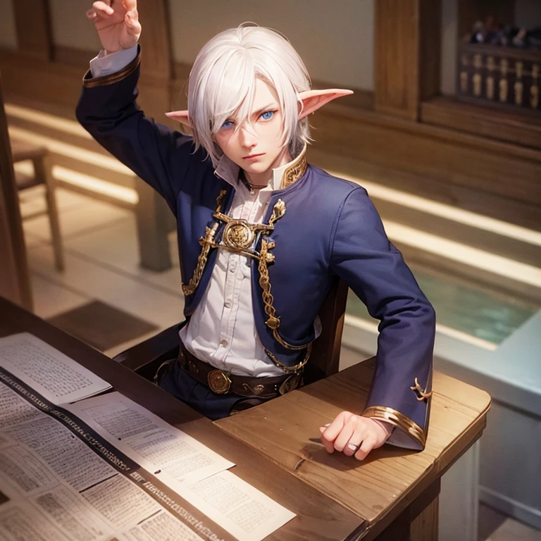Race tiefling, man , white hair, blue eyes, handsome, bard, dungeons and dragons,  horns