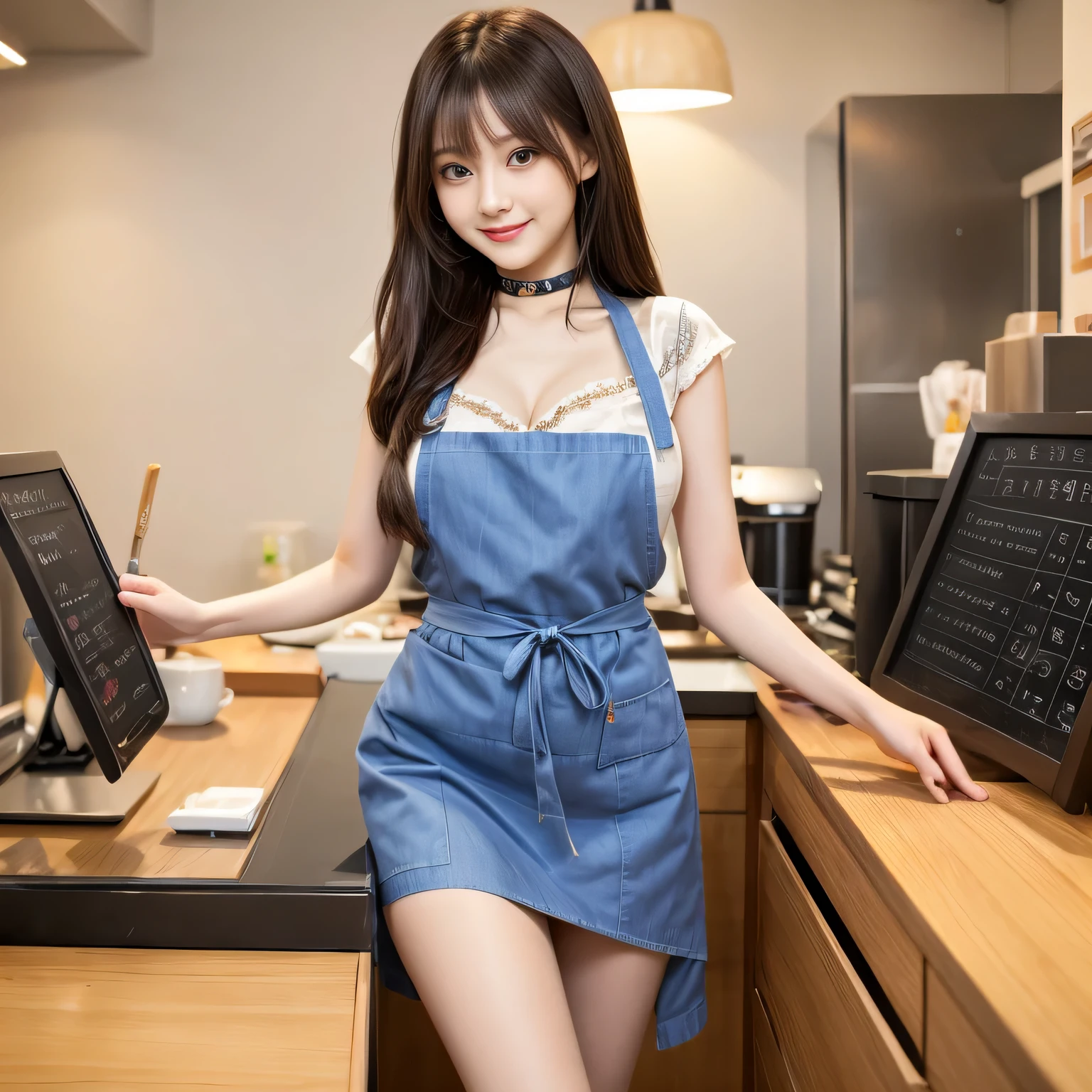 Award-winning photo, inside the mansion, very detailed, (perfect face, very detailed faces, perfect eyes), different hair colors, different body types, ((cute face)), looking at the viewer, innocent smile, playful, Hilarious, show , show breasts, smile,choker. blue eyes, bangs, naked apron, coffee shop,asian woman in arafed, korean girl, gorgeous young korean woman, beautiful south korean woman, seductive anime girl, beautiful asian girl, beautiful young korean woman, japanese goddess, korean woman, attractive anime girl, gorgeous chinese model, Beautiful charming anime teen, Real young gravure idol, beautiful attractive anime woman, A cute and charming smile、slim body shape, perfect makeup, long eyelashes, eye shadow, apron, naked apron, high class coffee shop, Same apron、Photographed from the front、Have gold coins、cash register、cashier