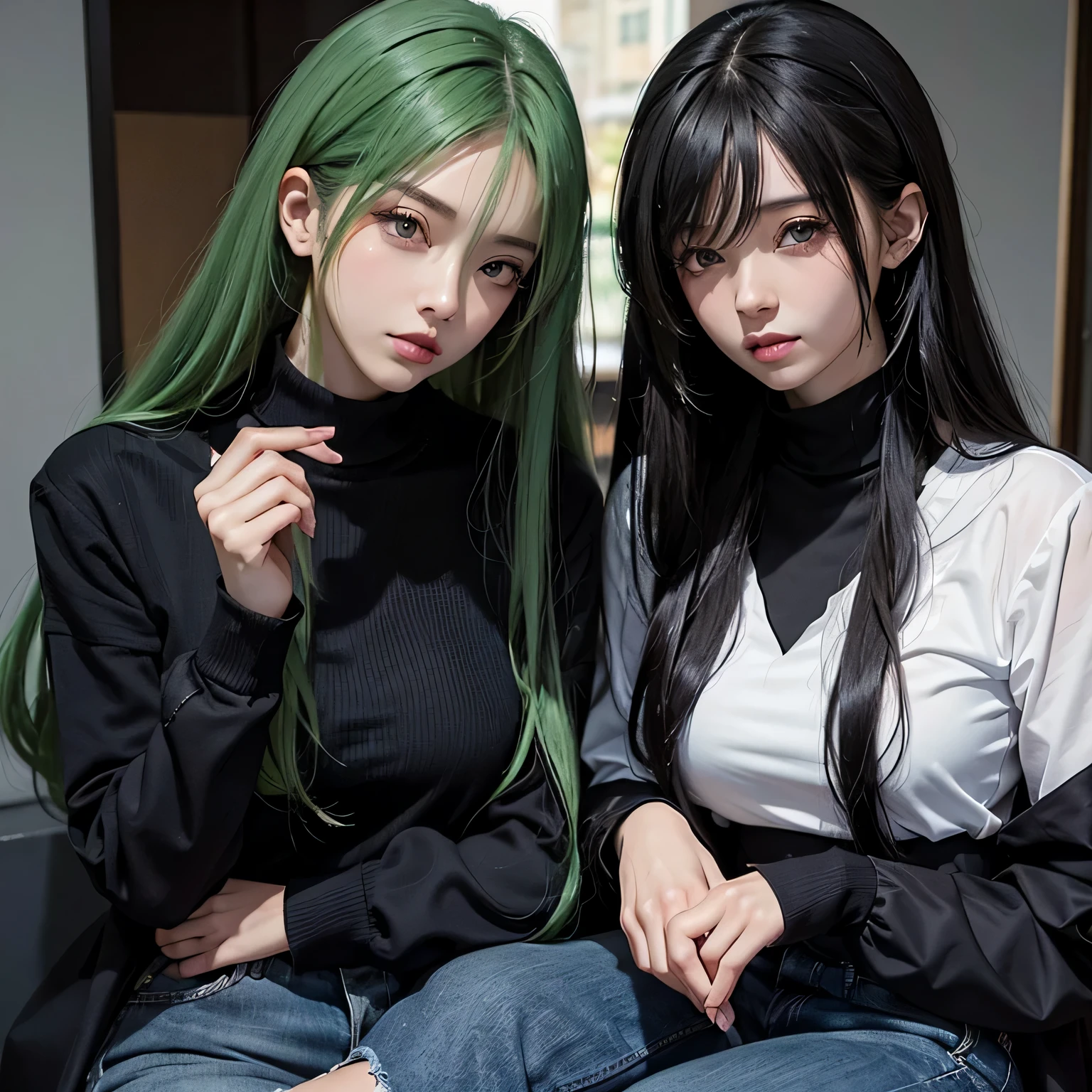 anime character of a woman in a black long-sleeved shirt and jeans, cabelo castanho curto, neck length, olhos verdes, uma pintura digital inspirada em Tomer Hanuka, trends on pixiv, serial art, closeup de estilo de gesto pesado, detalhes do corpo inteiro, vestindo roupas casuais, estilo anime, estilo anime hiper detalhado, personagem de estilo anime, estilo de arte detalhado impressionante, estilo de arte realista, estilo de anime limpo e detalhado, estilo de anime moderno, Cabelo castanho