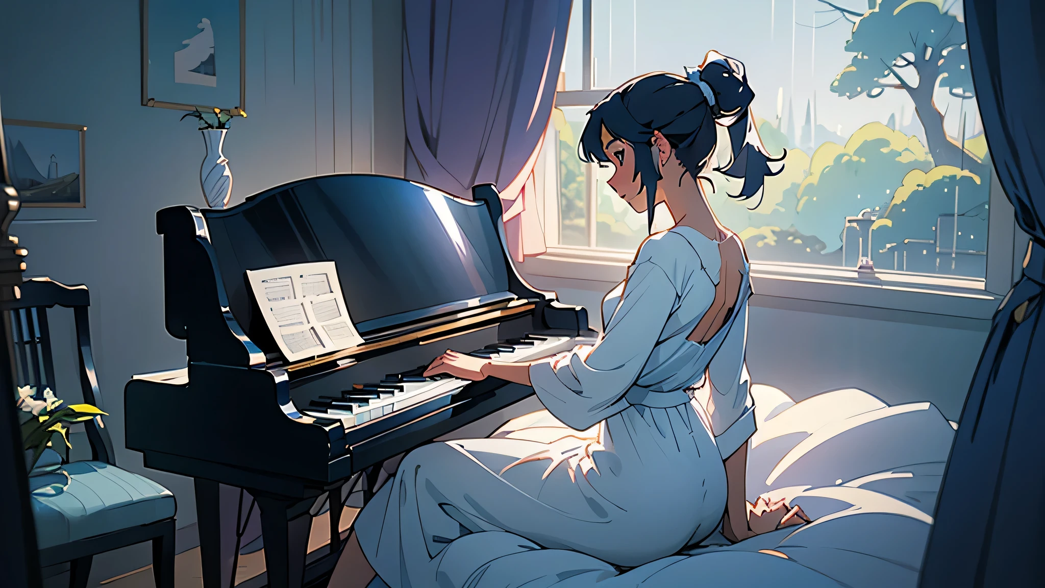 A scene of one cute sexy girl sitting playing the piano in her room in her short hot nightgown, back view, Ponytail, nice big butt, cozy, slightly dark and blue inside, a soft, warm light enters between the curtains where you can see a rainy gray sky and trees in a field landscape, a white cat sleeping beside her, Studio Ghibli style illustration, wide-angle, simple lines, Ghibli, masterpiece, beautiful anime scenery, mainly blue. Beautiful and Aesthetic: 1,2), (1 girl), very detailed, colorful, attractive, Stunning lighting, The light is delicate, artwork, Ultra detailed, epic composition, super HD, high quality, highest quality, WAIFU, cinematic composition