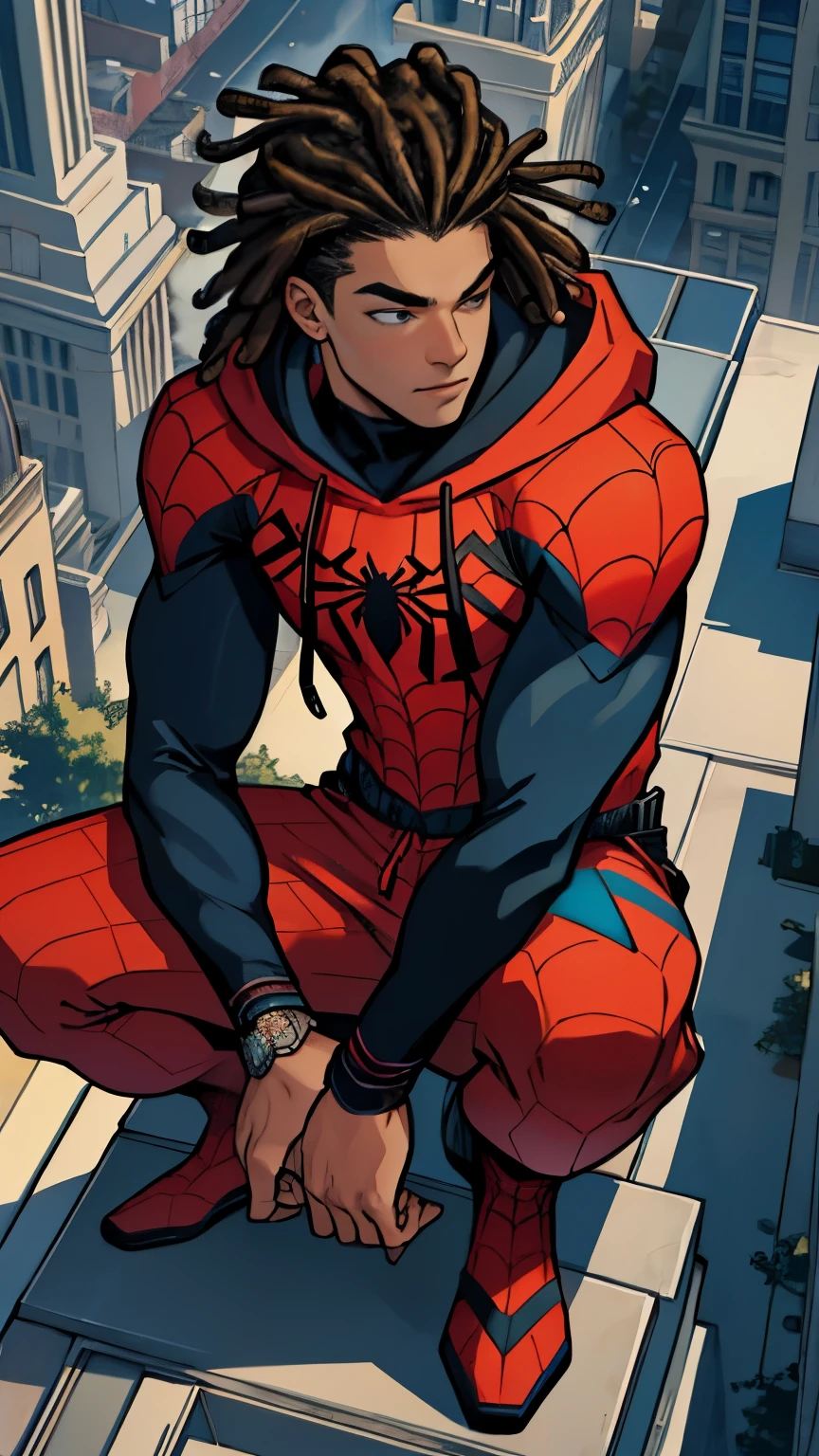 (masterpiece, best quality), intricate details, 8k, artstation, wallpaper, official art, splash art, sharp focus, high angle shot, shut from above
1boy, blue black two-tone colored dreadlocks hairstyle, tanned Caribbean-descendant, crouched beside large marble statue,
Techwear hoodie Spiderman suit, spider web print, spiderweb pattern sweatpants, web-shooters on wrists, arcane patterns, bioluminescent webs, cannabis fan leaf hair ornament,
Luxurious skyscraper rooftop garden, koi pond 